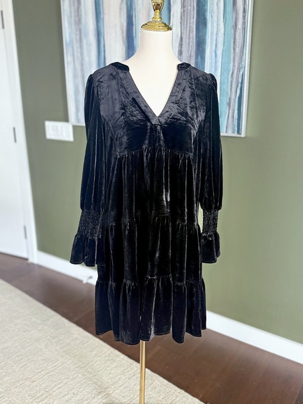 Pomander Place Black Velvet Smocked Tiered Dress Long Sleeve Size XL NWT
